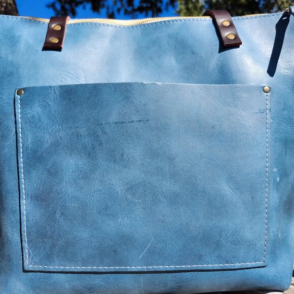 Portland Leather Limited Edition Leather Tote Bag Medium Zipper Aqua Brown Strap - Picture 2 of 12